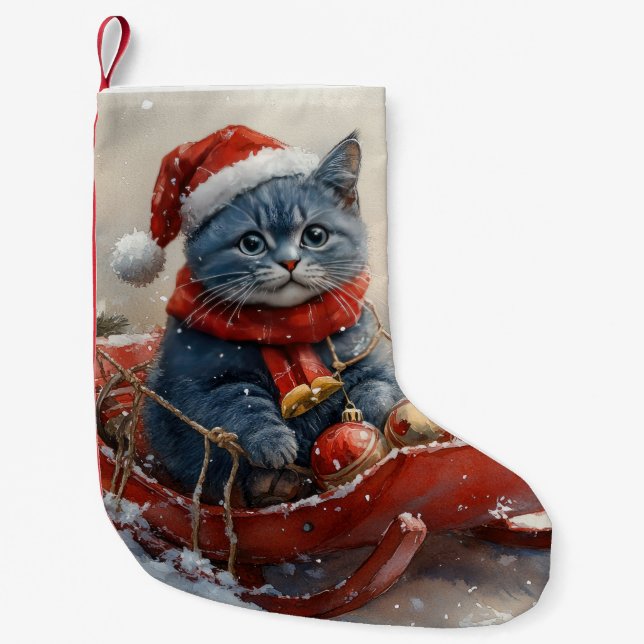 Oriental Blue Cat in Sledge Let it Snow Christmas  Small Christmas Stocking (Front)