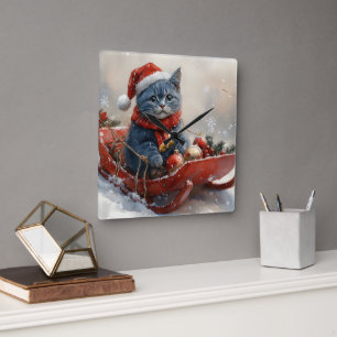Oriental Blue Cat in Sledge Let it Snow Christmas  Square Wall Clock