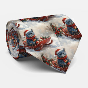 Oriental Blue Cat in Sledge Let it Snow Christmas  Tie