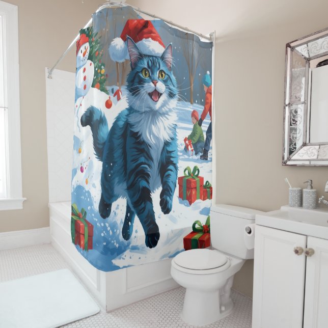 Oriental Blue Cat Sitting in Snow Christmas Hat (In Situ)