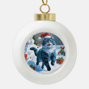 Oriental Blue Cat Sitting in Snow Christmas Hat Ceramic Ball Christmas Ornament