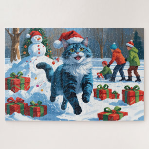 Oriental Blue Cat Sitting in Snow Christmas Hat Jigsaw Puzzle