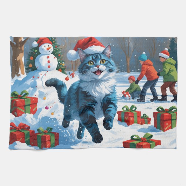 Oriental Blue Cat Sitting in Snow Christmas Hat Kitchen Towel (Horizontal)