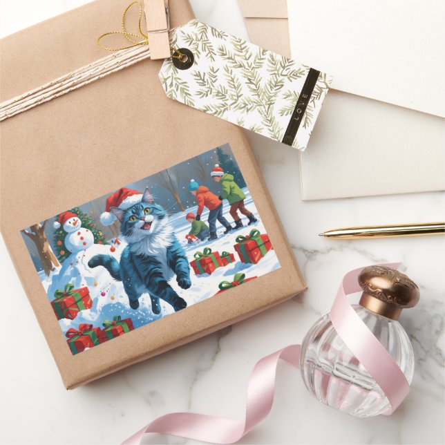 Oriental Blue Cat Sitting in Snow Christmas Hat Sticker (Gifting)