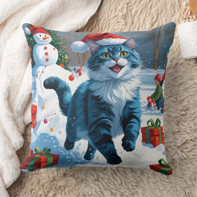 Oriental Blue Cat Sitting in Snow Christmas Hat Throw Pillow (Blanket)