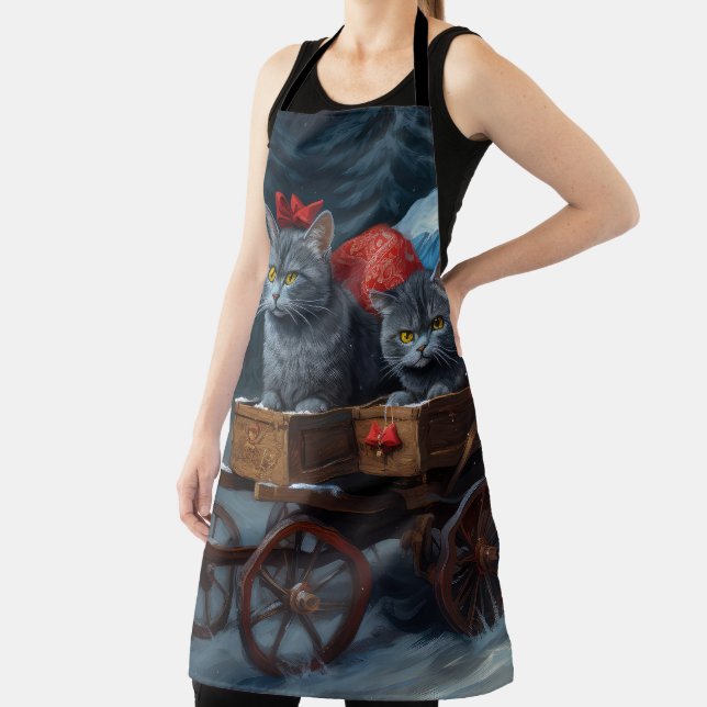 Oriental Blue Cat Snowy Sleigh Christmas Decor Apron (Insitu)