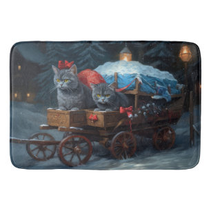 Oriental Blue Cat Snowy Sleigh Christmas Decor Bath Mat