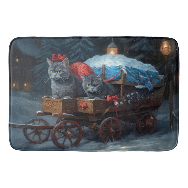 Oriental Blue Cat Snowy Sleigh Christmas Decor Bath Mat (Front)