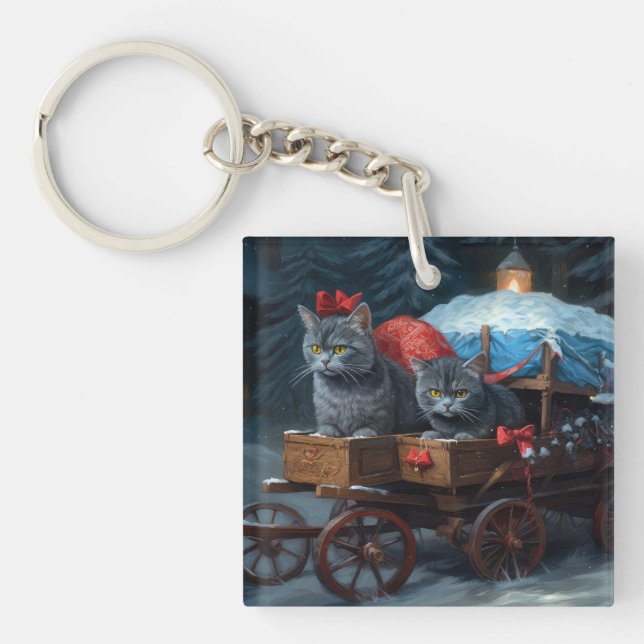 Oriental Blue Cat Snowy Sleigh Christmas Decor Keychain (Front)