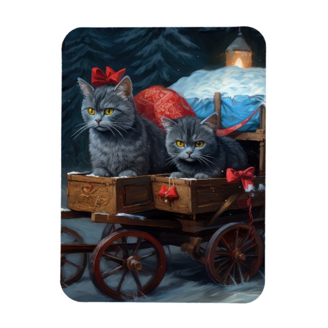Oriental Blue Cat Snowy Sleigh Christmas Decor Magnet (Vertical)