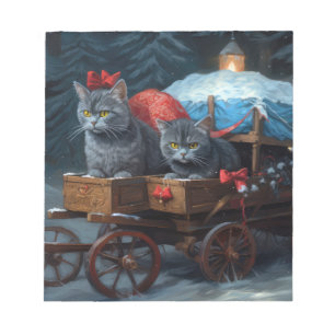 Oriental Blue Cat Snowy Sleigh Christmas Decor Notepad