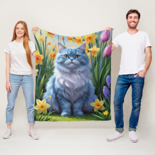 Oriental Blue Cat Spring Flowers Painting Fleece Blanket