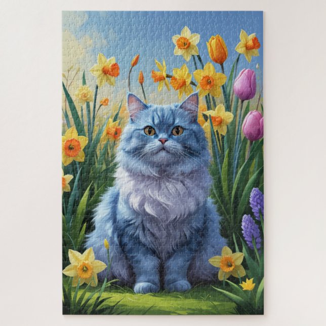 Oriental Blue Cat Spring Flowers Painting  Jigsaw Puzzle (Vertical)