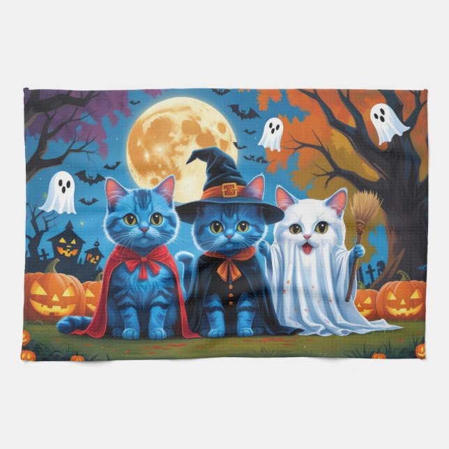 Oriental Blue Cats Pumpkin Halloween Funny Kitchen Towel (Horizontal)