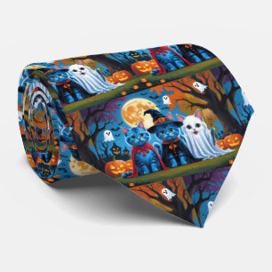 Oriental Blue Cats Pumpkin Halloween Funny Tie