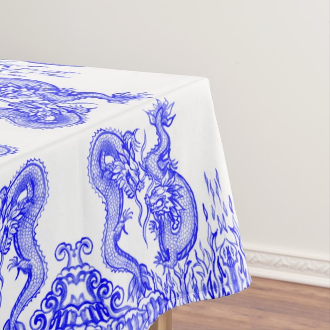 Oriental Blue Dragon Chinese Fire & Water Pattern Tablecloth (In Situ)