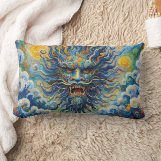 Oriental blue dragon Van Gogh clouds mashup Lumbar Pillow