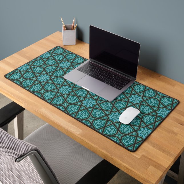 Oriental Blue Grey Arabic Egypt Geometric Pattern Desk Mat (Office 2)