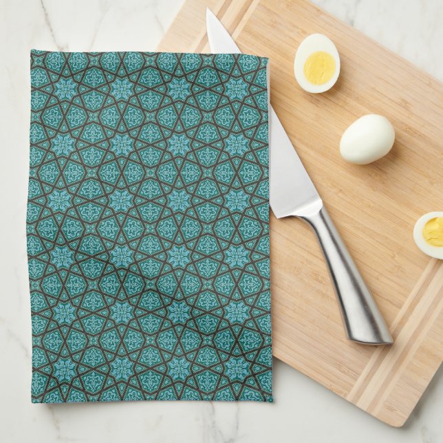 Oriental Blue Grey Arabic Egypt Geometric Pattern Kitchen Towel (Quarter Fold)