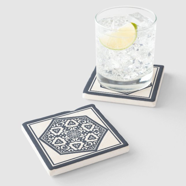 Oriental Blue Ottoman Turkish Tracery Vector Art Stone Coaster (Side)