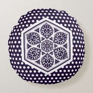 Oriental Blue Turkish Rosette Geometric Oriental Round Pillow