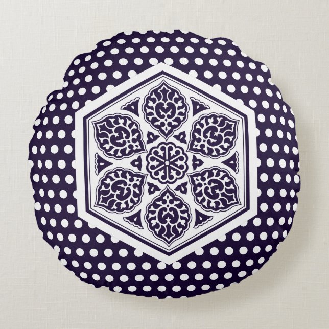 Oriental Blue Turkish Rosette Geometric Oriental Round Pillow (Front)