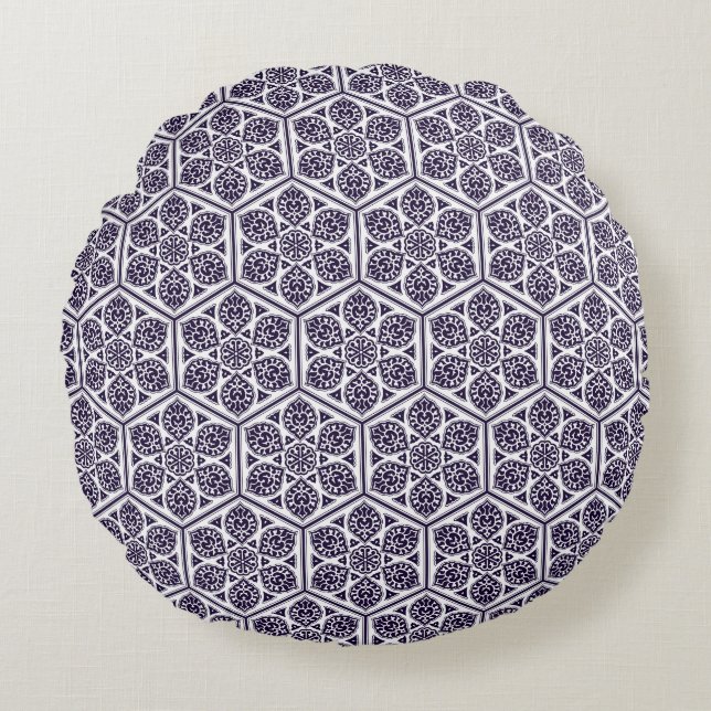 Oriental Blue Turkish Rosette Geometric Vector Art Round Pillow (Front)