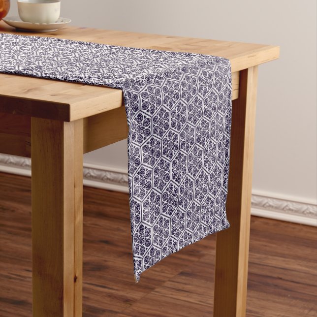 Oriental Blue Turkish Rosette Geometric Vector Art Short Table Runner (In Situ)