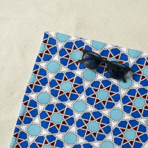 Oriental Blue White Geometric Moroccan Pattern Beach Towel