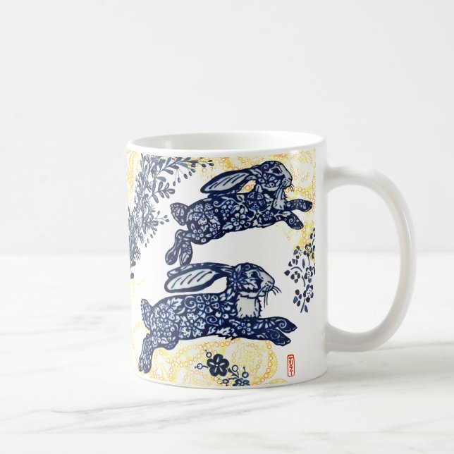 Oriental Blue White Gold Rabbit Floral Chinoiserie Coffee Mug (Right)