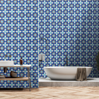 Oriental Blue White Moroccan Geometric Arabesque Wallpaper