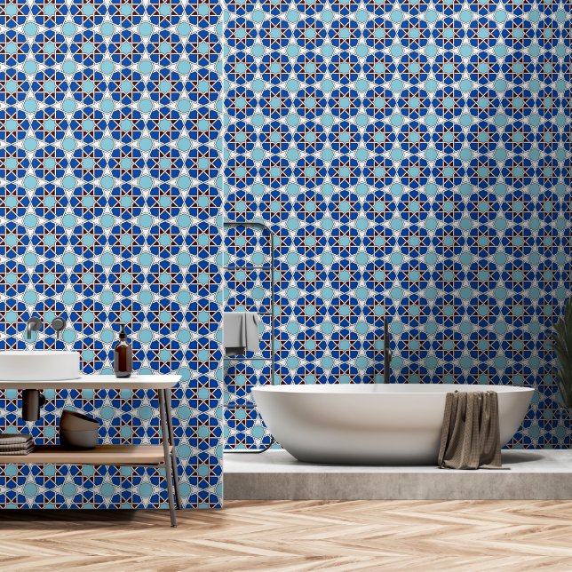 Oriental Blue White Moroccan Geometric Arabesque Wallpaper (Bathroom)