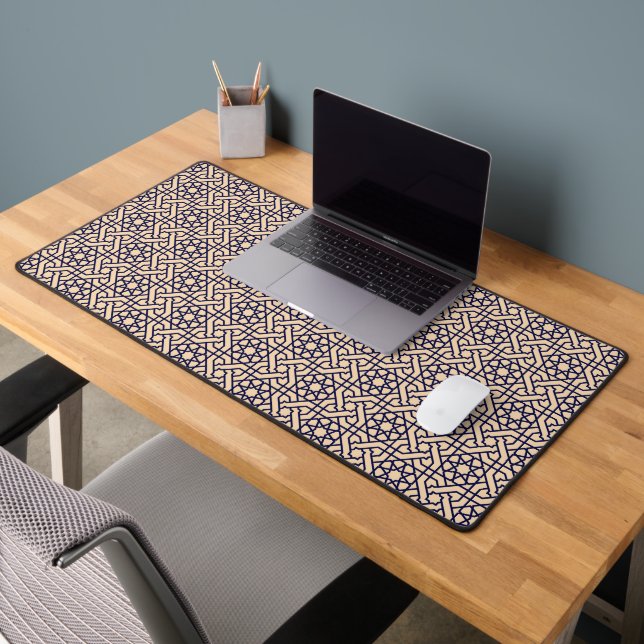 Oriental Blue White Moroccan Geometric Pattern Desk Mat (Office 2)
