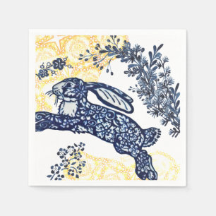 Oriental Blue White Yellow Rabbit Chinoiserie Napkin