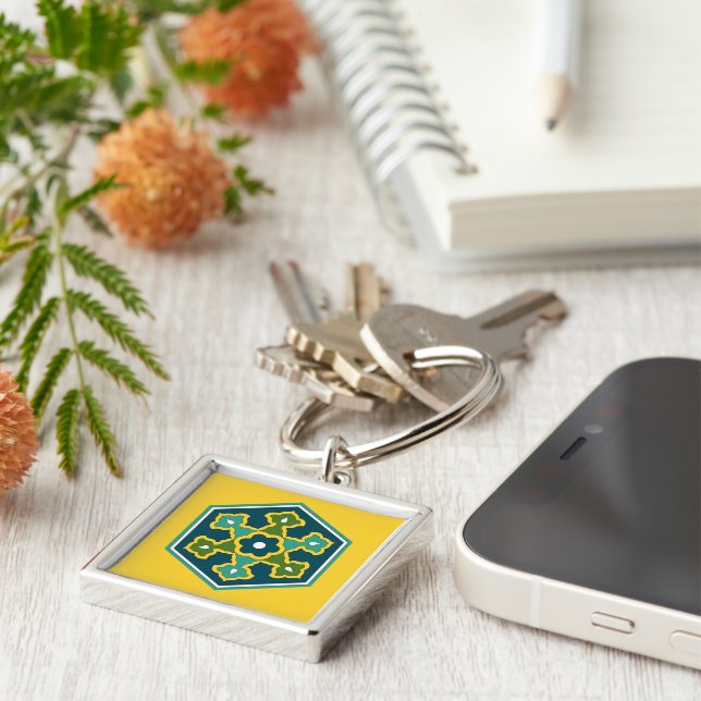 Oriental Blue Yellow Green Ottoman Turkish Hexagon Keychain (Side)