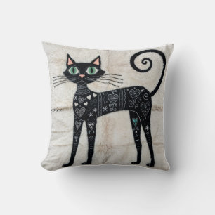 Oriental Cat Kilim Pillows: Black and White Animal Throw Pillow