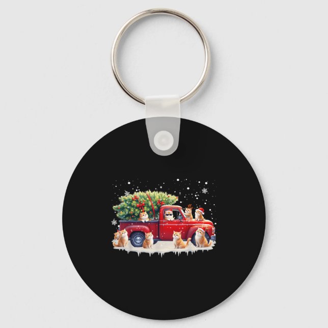 Oriental Cat Red Truck Christmas Tree Santa Ugly X Keychain (Front)