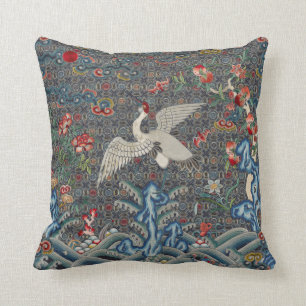 Oriental Chinese Qing Dynasty Crane And Bats Throw Pillow
