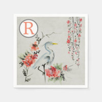 Oriental Crane Pink Floral Chinoiserie Monogram
