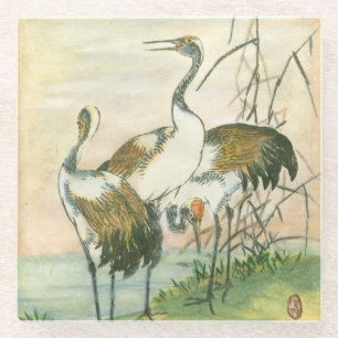 Oriental Cranes by the Water Glass Coaster
