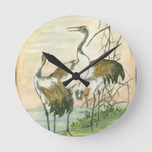 Oriental Cranes by the Water Round Clock