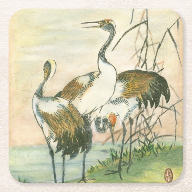 Oriental Cranes by the Water Square Paper Coaster (Front)