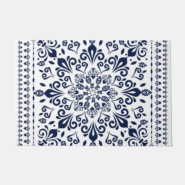 Oriental Damask blue on white Doormat (Front)