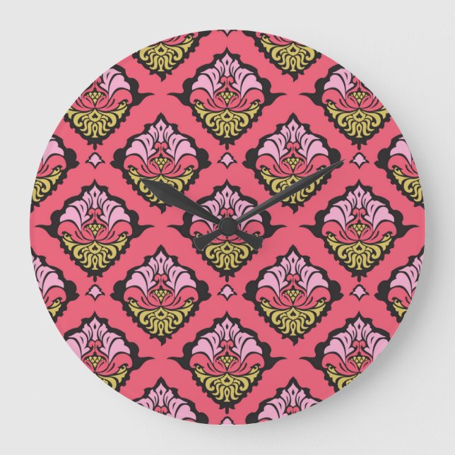 Oriental Damask Floral Seamless Wallpaper Large Clock (Front)