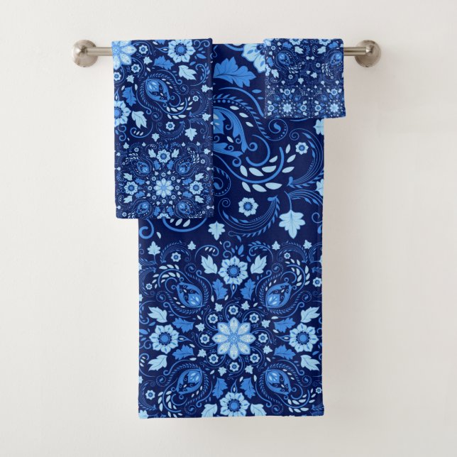 Oriental Damask Tile Shades of blue Bath Towel Set (Insitu)
