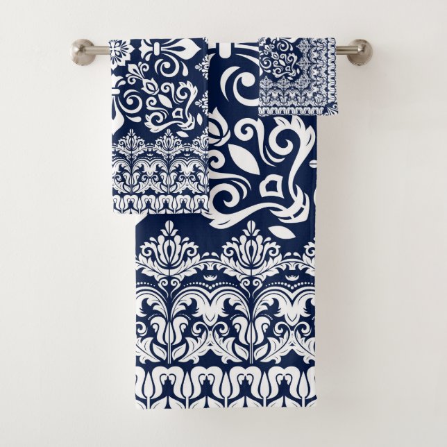Oriental Damask white on blue Bath Towel Set (Insitu)