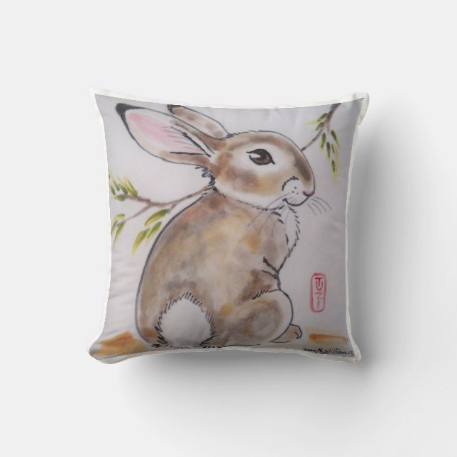 Oriental Design Rabbit Pillow, Original Artwork Throw Pillow (Front)