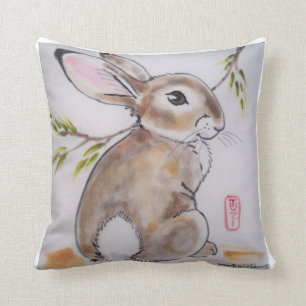 Oriental Design Rabbit Pillow, Original Artwork Throw Pillow