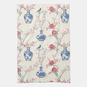 Oriental Elegance: Blue Porcelain and Blossoms Kitchen Towel