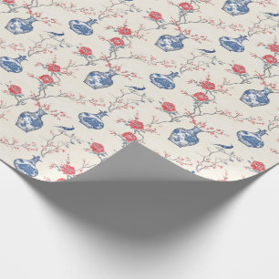 Oriental Elegance: Blue Porcelain and Blossoms Wrapping Paper